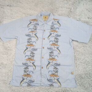 Joe Marlin Mens Shirt Blue‎ M Button Up Hawaiian Tropical Fishing Boating Casual